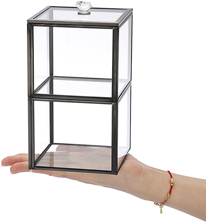 Hipiwe Glass Qtip Holder Dispenser 2-Tier Stackable Apothecary Jar with Lid Clear Bathroom Containers Cotton Ball & Swab Canister Vanity Organizer for Q-tip, Cotton Round, Floss, Makeup Pads