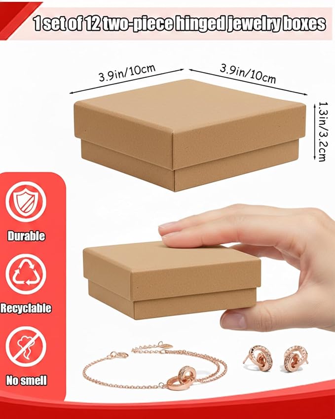 Rocutus Jewelry Gift Boxes for Necklace, Earring, Ring - Cotton Filled Cardboard Paper Jewelry Box Gift Cases for Wedding, 12 Pack Engagement, Gift Packaging, Luxury Jewelry Box, Ring Box (Kraft)