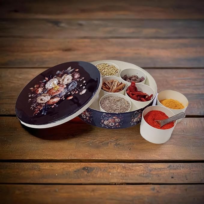 Floral Iron Spice Box For Kitchen | Detachable Containers Iron Masala Box For Kitchen (Navy Blue)