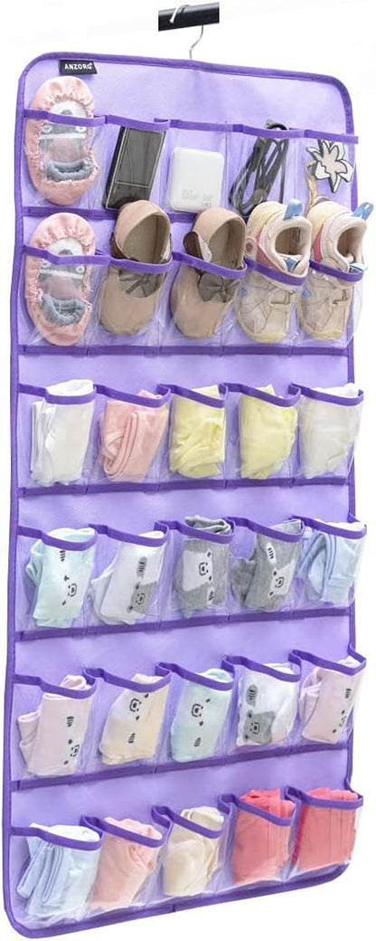 Hanging Baby Shoes Organizer Baby Headband Holder Closet Organizer for Baby Bow Socks Underwear with 30 Clear Pockets (PURPLE)