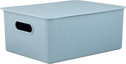 Superio Ribbed Collection - Decorative Plastic Basket Open Home Storage Bins Organizer, Blue Container Boxes for Organizing Closet Storage Bins for Shelves (Bin with Lid- Large (15 Liter), 1 Pack)