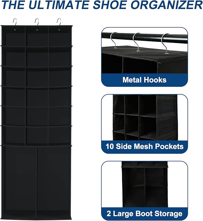 Libeder Hanging Shoe Organizer for Closet,18 Sections Shoe Hanging Closet Organizers & 2 Large Pocket for Boot Storage, Closet Organizers and Storage Space-Saving Shoe Rack & Holder, Black