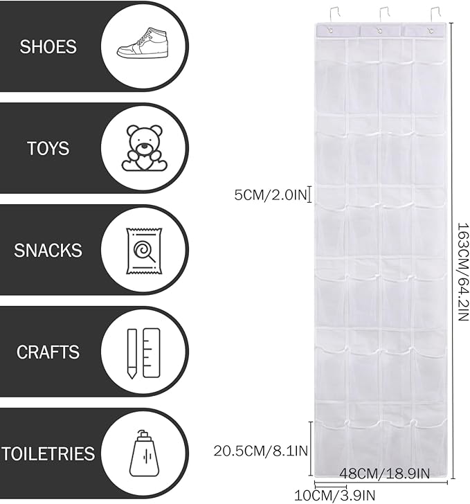 White Shoe Hanger for Door 24 Mesh Pocket Over the Door Shoe Organizer Space Saving Hanging Storage Holder with Hooks 64x19 Inch