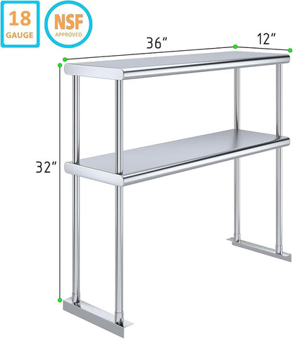 36" x12" NSF Stainless Steel Double Overshelf | 18-Gauge Heavy-Duty | Includes Brackets