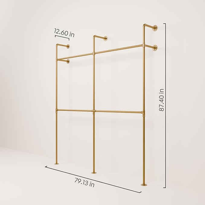 pamo Industrial Pipe Clothing Rack Gold - 794 lbs Capacity - Wall Mounted Clothes Rack and Walk In Closet for Wardrobe