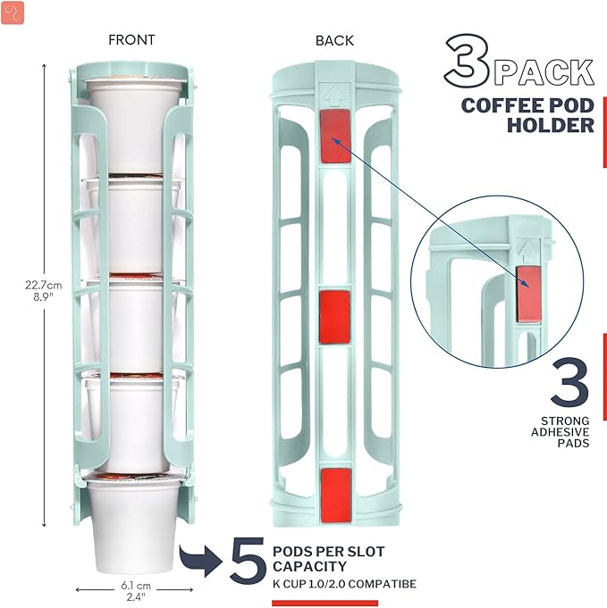 K Cup Holder for Keurig K-cup,Coffee pod Storage, Side Mount | Wall Mount, Perfect for Small Counters (3 Rows/For 15 K Cups, OASIS BLUE)