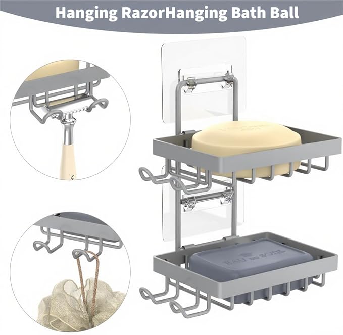 Moforoco Grey Double Soap Bar Holder for Shower, No Drilling, 304 Rustproof Stainless Steel, Wall Mounted Soap Holder with 4 Hooks and Razor Holder, Shower Rack Soap Tray Bar Soap for Bathroom