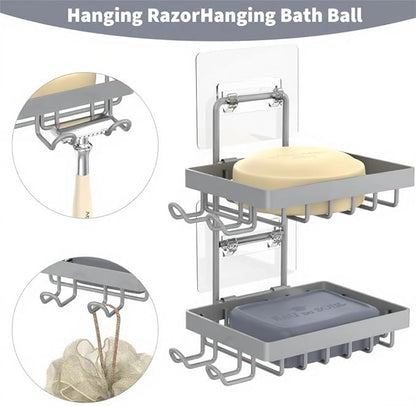 Moforoco Grey Double Soap Bar Holder for Shower, No Drilling, 304 Rustproof Stainless Steel, Wall Mounted Soap Holder with 4 Hooks and Razor Holder, Shower Rack Soap Tray Bar Soap for Bathroom