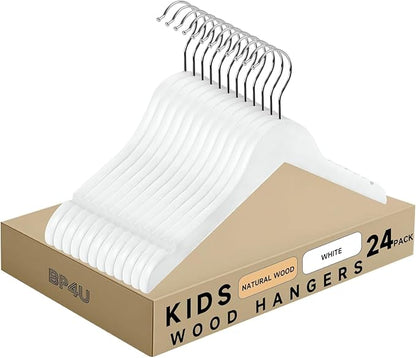 Kids Wood Hangers Without Bar, 24 Pack Baby Children Wooden Hangers with 360° Rotatable Hook for Dress, Coats, and Jacket, Space-Saving Design for Toddler Closet Organization(White)