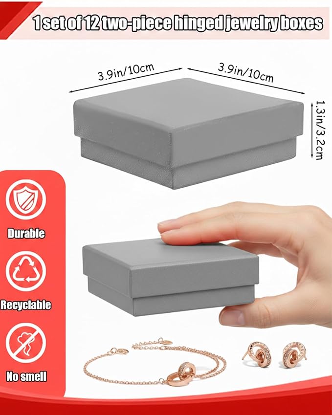 Rocutus Jewelry Gift Boxes for Necklace, Earring, Ring - Cotton Filled Cardboard Paper Jewelry Box Gift Cases for Wedding, 12 Pack Engagement, Gift Packaging, Luxury Jewelry Box, Ring Box (Grey)