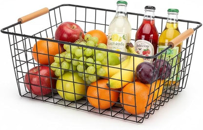4 Pack Black Large Wire Baskets for Organization Metal Wire Food Storage Basket Organizer with Wooden Handles for Organizing Kitchen Cabinets