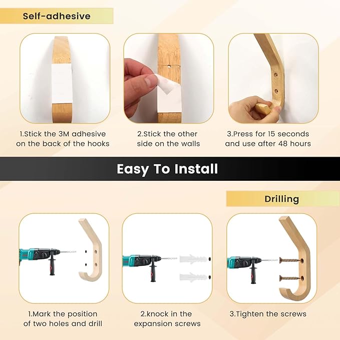 Daily Treasures 4 Pack Hats Storage Wall Mounted,Wooden Hat Rack Hook,Double Hook Design Wall Mounted for Coat,Adhesive/Wall Caps Holder Drilled for Door, Bedroom, Closet（Beech Wood）