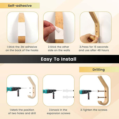 Daily Treasures 4 Pack Hats Storage Wall Mounted,Wooden Hat Rack Hook,Double Hook Design Wall Mounted for Coat,Adhesive/Wall Caps Holder Drilled for Door, Bedroom, Closet（Beech Wood）