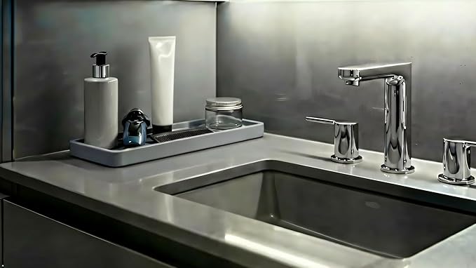 Silicone Sink and Surface Organizer Tray, Sponge Holder, Vanity Tray, Heat Safe, Dishwasher Safe, for Bathroom and Kitchen Organization (Grey, 12"x4")