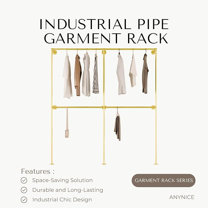Gold Industrial Pipe Clothing Rack 75" W Wall Mounted, Heavy Duty Iron Garment Rack 150 lbs per Rod, Open Closet Organizer for Bedroom Laundry Room Retail Display