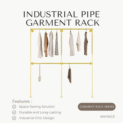 Gold Industrial Pipe Clothing Rack 75" W Wall Mounted, Heavy Duty Iron Garment Rack 150 lbs per Rod, Open Closet Organizer for Bedroom Laundry Room Retail Display