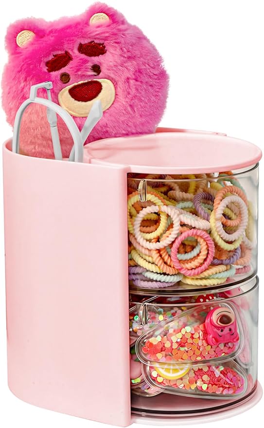 Clear Hair Accessories Organizer & Hair Brush Holder, Rotatable Makeup Brush Holder and Jewelry Storage Box for Hair Clips, Earrings, Necklaces, Rings and Bracelets (Pink, 2-Layer)