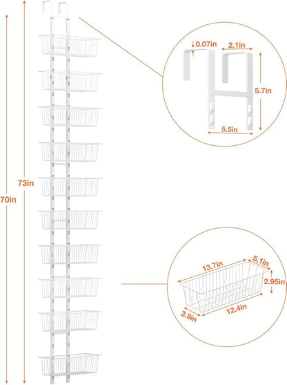 10 Tier Over the Door Pantry Organizer, Over the Door Spice Rack with Adjustable Baskets, Metal Hanging Door Pantry Organizers and Storage for Kitchen Bathroom Bedroom, White