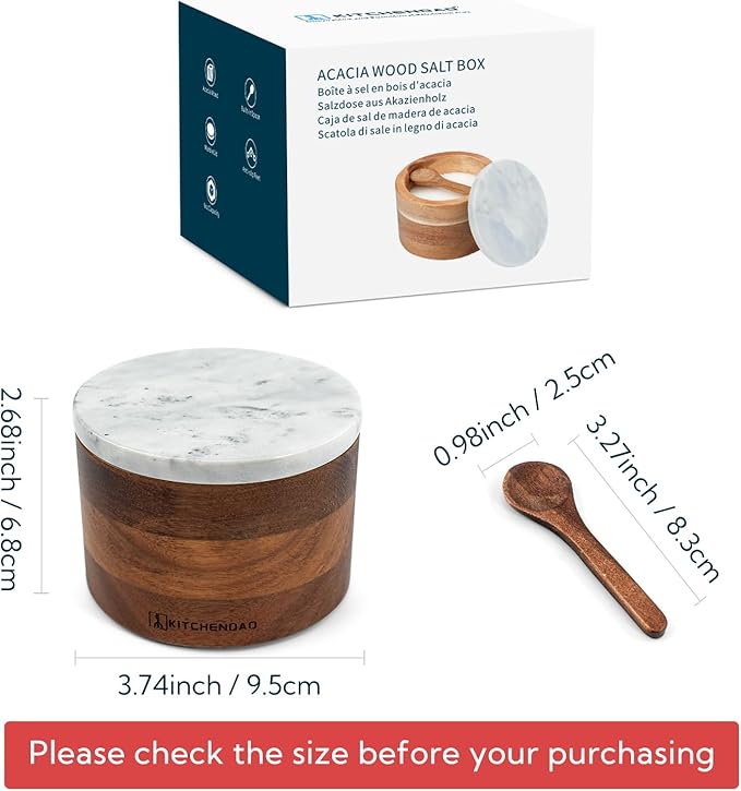 KITCHENDAO Acacia Salt Cellar Box Bowl with Built-in Spoon and Marble Lid, Solid Natural Acacia Wood Bath Sea Salt Container, Elegant Modern Grey and White Marble Lid Spice Bowl, 6oz Capacity