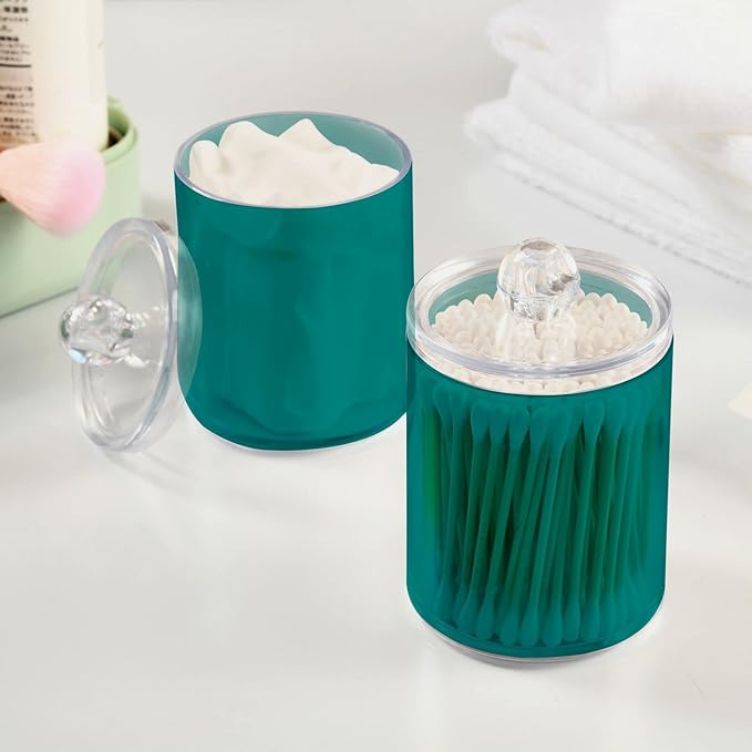 Dark Cyan Qtip Dispenser Apothecary Jars Bathroom Qtip Holder Storage Canister 10 Oz Plastic Jar for Cotton Ball Swab Round Pads Floss 2pcs