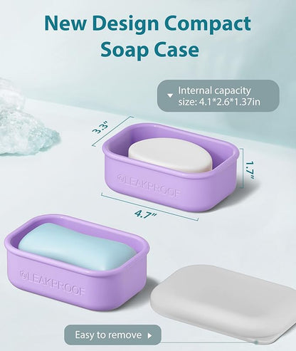 Quatish Compact Leakproof Travel Soap Case, Silicone Soap Box with Draining Layer, Enhanced Soap Container, Suitable for Camping, Gym, Bathroom, Outdoor Essentials, Purple
