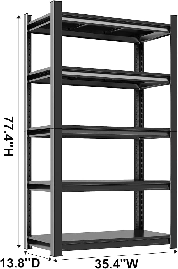 77.4" H 5 Tier Kitchen Rack, Heavy Duty Metal Storage Shelves, Adjustable Shelving Unit and Bakers Rack for Pantry Storage and Kitchen Shelf Organizer - 35.4" W x 13.8" D x 77.4" H, Black