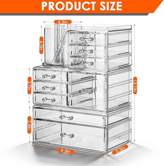 OTYMIOW 3 Tier Clear Acrylic Makeup Organizer Countertop with Brush Holder and 9 Drawers, Bathrooms, Stackable Large Makeup Organizer for Store Skincare, Brushes, Hair Accessories