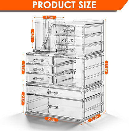 OTYMIOW 3 Tier Clear Acrylic Makeup Organizer Countertop with Brush Holder and 9 Drawers, Bathrooms, Stackable Large Makeup Organizer for Store Skincare, Brushes, Hair Accessories