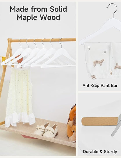 StorageWorks Baby Hangers 20 Pack, Maple Wood Clothes Organizer for Toddler, Kids Wooden Hanger with Pant Bar for Closet, White