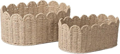 Set of 2 Scalloped Basket, Wicker Storage Baskets, Hand Woven Baskets for Shelves,Natural Baskets for Organizing (Ellipse-16"L x 10"W x 7"H)