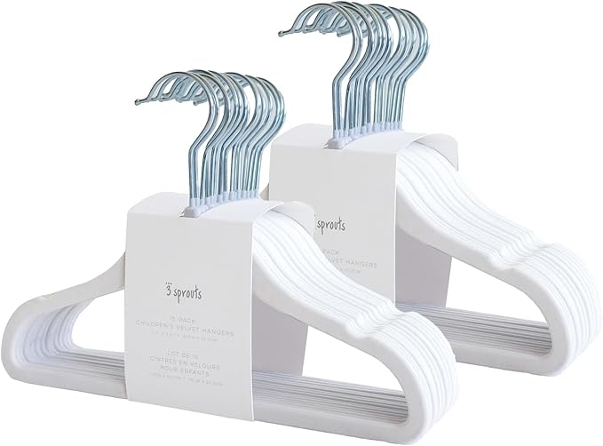3 Sprouts Velvet Baby Hangers - Non-Slip Hangers for Infant and Toddler Clothes - Slim Space-Saving Design with Nordic Colors for Nursery - 30 Pack - White