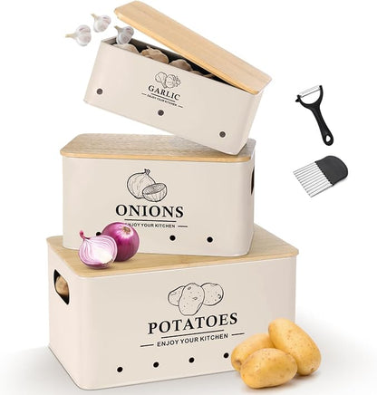 Kitchen Vegetable Storage Set of 3, Metal Onion Garlic Potato Storage Set, Kitchen Canisters Vegetable Keeper Containers with Aerating Holes and Wooden Lid (Beige)