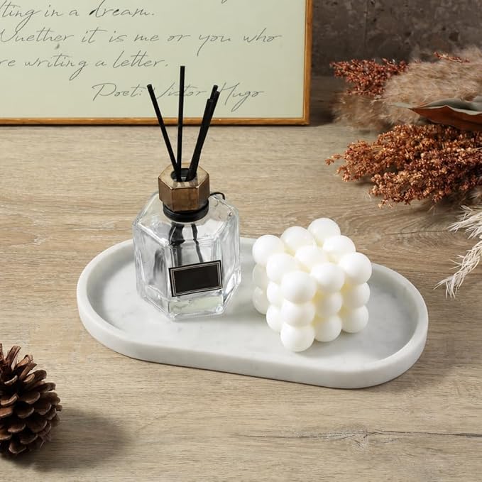 Koville Natural White Marble Tray for Home Decor, 10" x 5" Marble Vanity Tray for Bathroom Countertop Organizer Stone Trays, Catchall Tray for Perfume, Candles, Jewelry (Bianco Carrara)