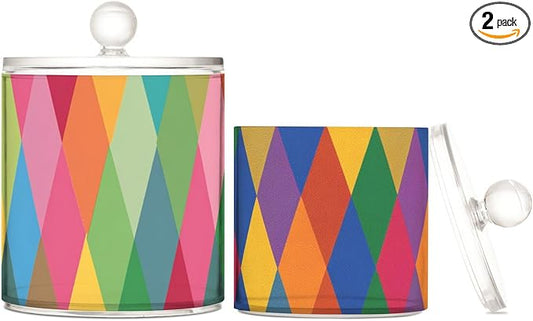 2 Pack Qtip Dispenser Apothecary Jars with Lids Cotton Round Holder Bathroom Canisters for Cotton Swab Floss Ball Pads Clear Plastic Decorative Colorful Argyle