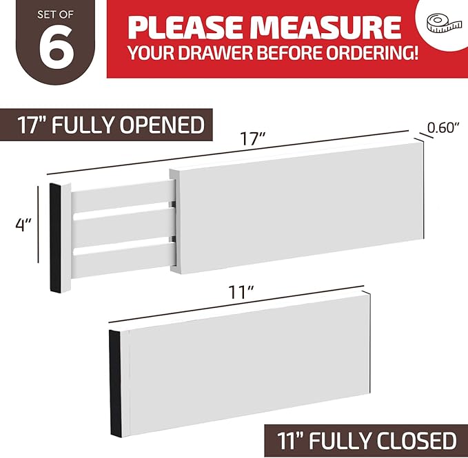 6-Pack Drawer Dividers 4 Inch High, 11”-17" Adjustable Bamboo Organizers Large Expandable Drawer Separators for Cloths, Dresser, Bedroom, Bathroom, Baby Drawer, Office & Kitchen Utensils (White)