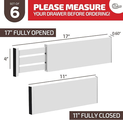 6-Pack Drawer Dividers 4 Inch High, 11”-17" Adjustable Bamboo Organizers Large Expandable Drawer Separators for Cloths, Dresser, Bedroom, Bathroom, Baby Drawer, Office & Kitchen Utensils (White)