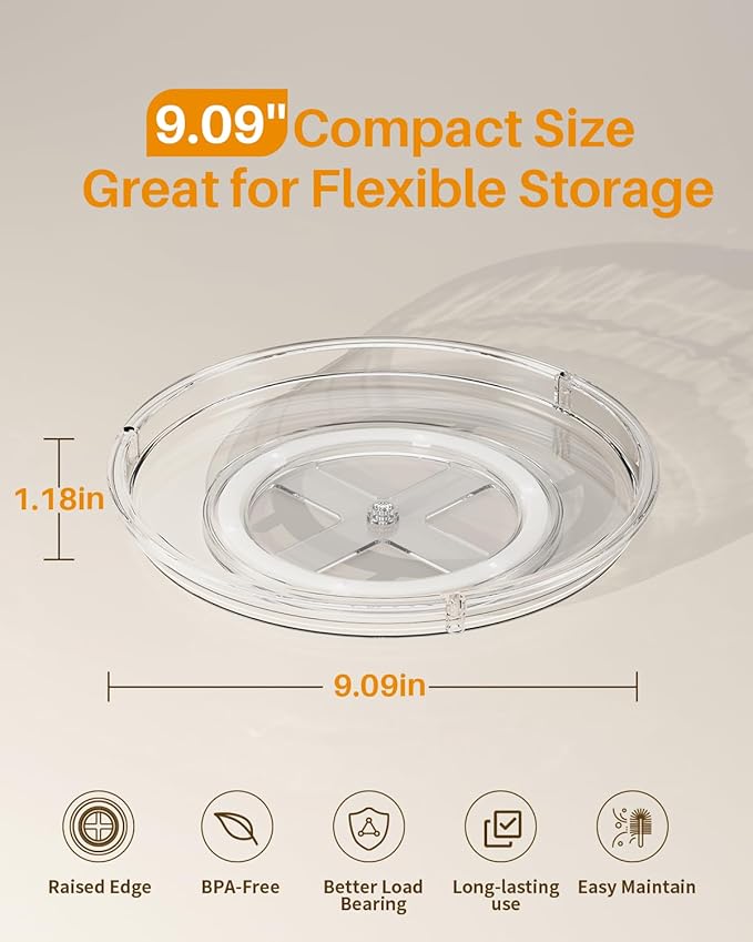 LAMU 2 Pack Lazy Susan Organizer 9.25 inch Lazy Susan Turntable for Cabinet, Rotating Spice Organization for Cabinet, Kitchen, Table Top, Countertop, Pantry Fridge Organizers and Storage, Clear