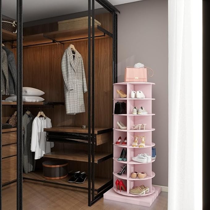6-Tier Rotating Shoe Rack Tower, 360 Spinning Shoe Rack, Modern Free Standing Spinning Shoe Organizer, Rotating Lazy Susan Shoe Racks for Entryway Doorway, Holds Up to 24 Pairs of Shoes(Pink)