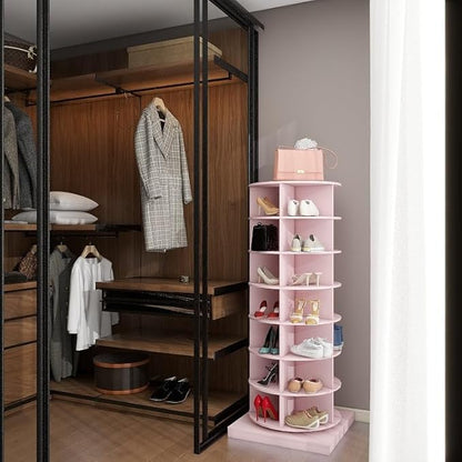 6-Tier Rotating Shoe Rack Tower, 360 Spinning Shoe Rack, Modern Free Standing Spinning Shoe Organizer, Rotating Lazy Susan Shoe Racks for Entryway Doorway, Holds Up to 24 Pairs of Shoes(Pink)