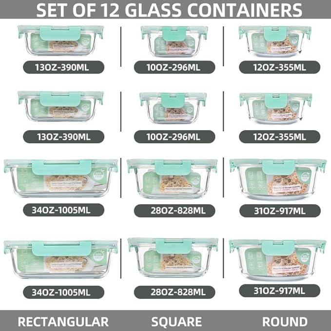 12 Pack Glass Storage Containers Transparent, Stackable Design Meal Prep Containers for Food Storage, Home, Kitchen & Pantry Organization, Microwave/Freezer/Dishwasher Safe