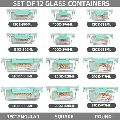 12 Pack Glass Storage Containers Transparent, Stackable Design Meal Prep Containers for Food Storage, Home, Kitchen & Pantry Organization, Microwave/Freezer/Dishwasher Safe