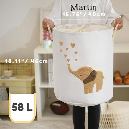 Baby Laundry Basket Laundry Hamper, Canvas 58L XL Baby Clothes Basket, Collapsible Brown Laundry Basket for Nursery Toy Baskets with Drawstring Closure, KidsRoom Decor for Boys