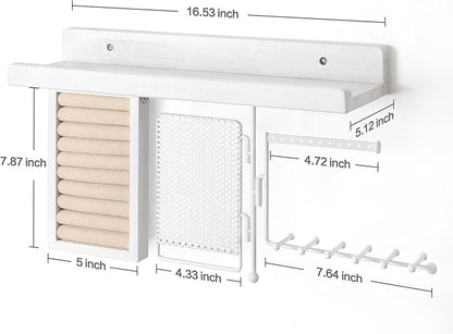SOLIMINTR Hanging Jewelry Organizer Wall Mount with Rustic Wood Shelf, Ring Display Box, Ear Studs Earring Holder, Rotating Necklace Holder Organizer White
