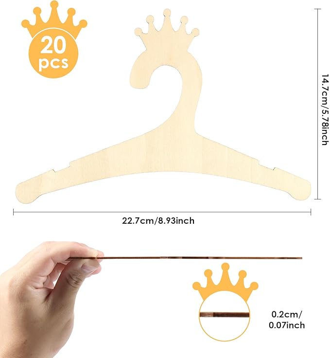 20PCS Wooden Kids Hangers 9" Baby Clothes Hangers, Baby Children Wooden Hangers, Cute Little Kids Hangers, Newborn Girl Boy Hangers for Clothing Pants Coats Skirts Storage (Crown)