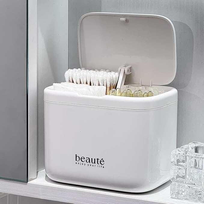 Pop-Up Q-Tip Holder Cotton Pad Dispenser, Wall Mounted or Countertop Bathroom Organizer Box, Automatic Lifting Storage, cotton swab container，Dustproof 4-Grid Vanity Container for Qtip, Floss(White)
