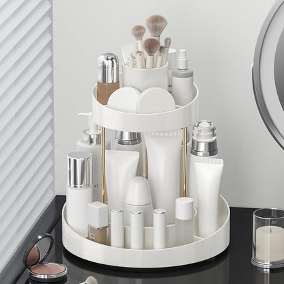 2 tier Makeup Organizer Countertop,360 Rotating Makeup Organizer for Skincare, Lipstick and Perfumes,Multi-function Cosmetic Display Cases for Vanity,Bathroom,White