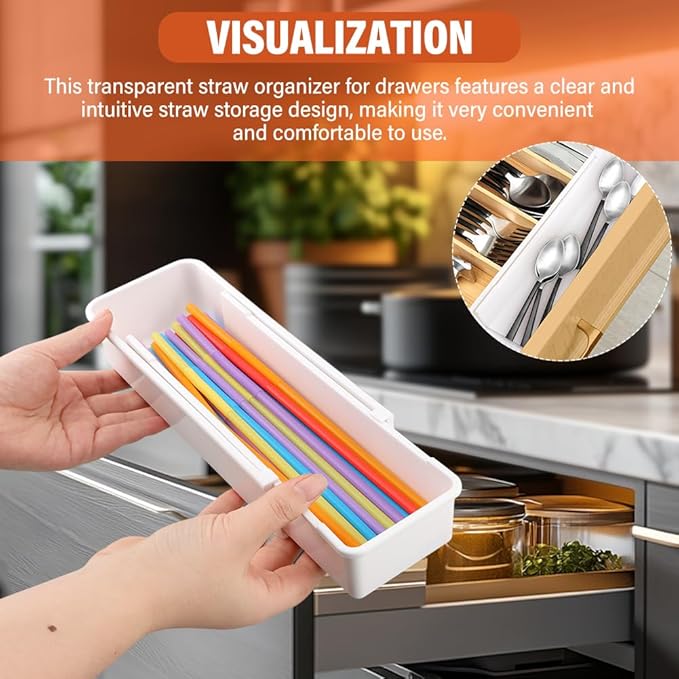 Expandable Straw Organizer for Cabinet, Reusable Multi-Functional Long Straw Drawer Storage for Kitchen Home(COLOR:White)