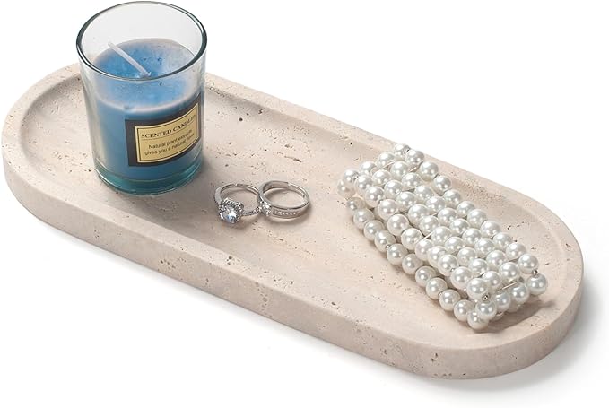 Oval Travertine Stone Tray for Jewelry, Candles, Perfume, Decorative Marble Bathroom Tray for Countertop Organizer 9.8inch x 3.9inch x 0.7inch