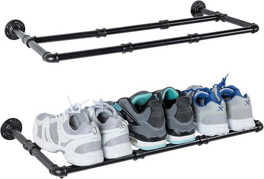 MyGift Set of 2 Industrial Matte Black Metal Pipe Hanging Shoe and Boot Rack Shelves, Wall Mounted Space Saving Footwear Storage for Closet, Mudroom, Entryway, Holds 6 Pairs