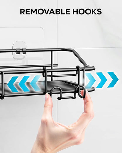 Nieifi Shower Caddy Shelf with Hooks Storage Rack Organizer Adhesive Stainless Steel without Drilling for Bathroom, Lavatory, Washroom, Restroom, Shower, Toilet, Kitchen (Black, 3 Pack)